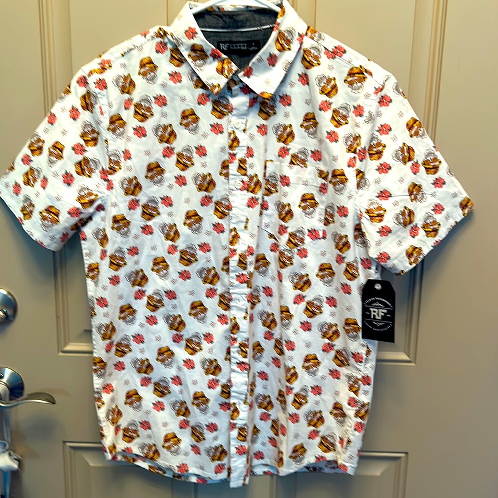 NEW Sugar Skull Camp Shirt with hibiscus flowers, S